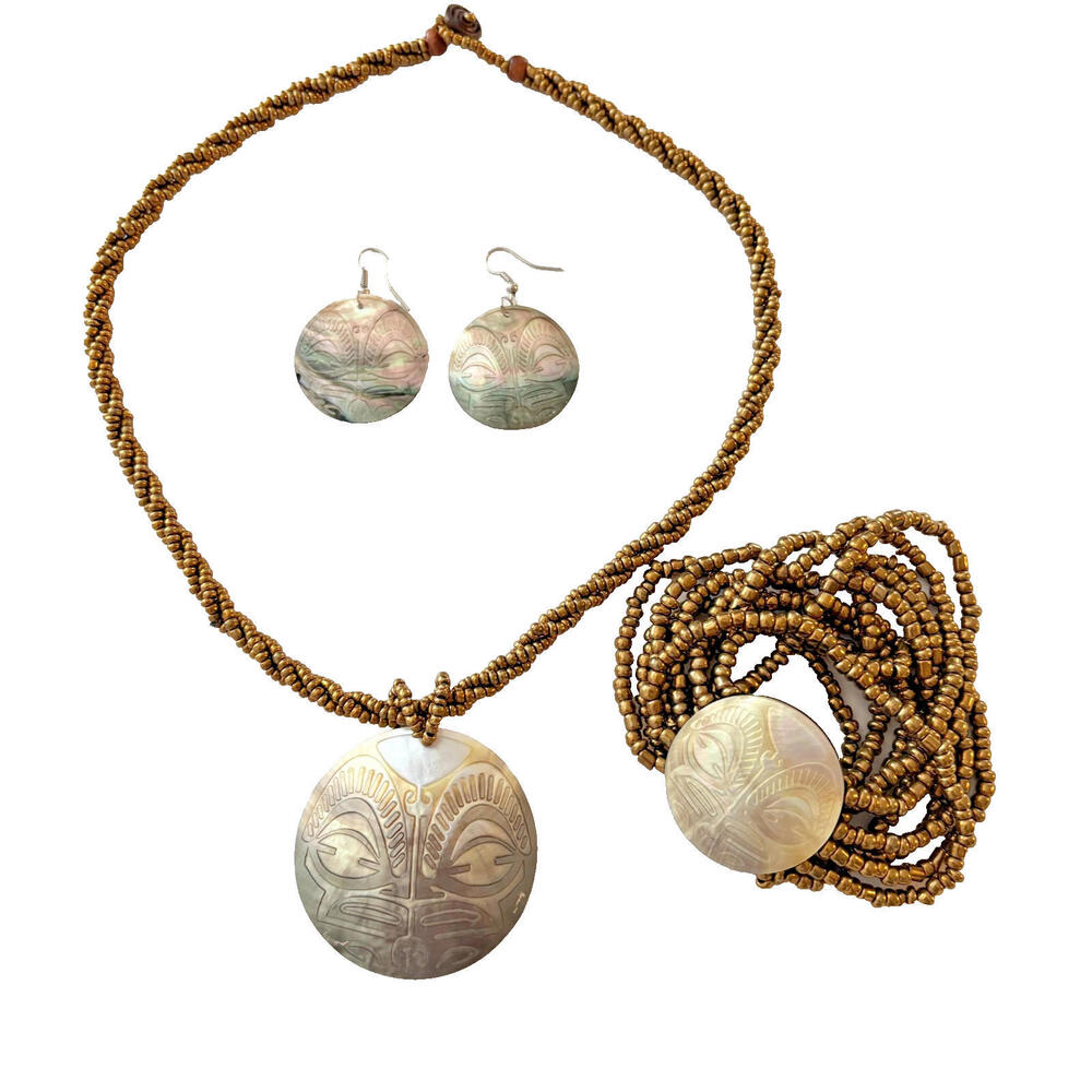 Mother Of Pearl Abalone Carved Shell Beaded Jewelry Set Boho Tribal Hippie Style